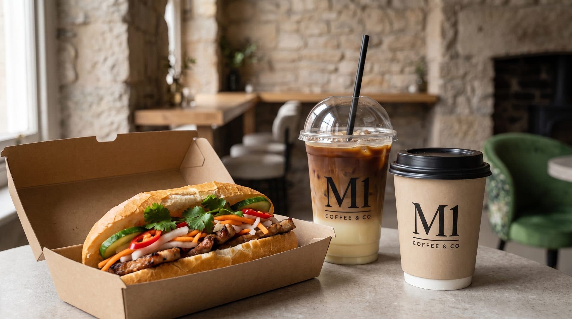 Render: a bánh mì in an open kraft M1 box with an iced coffee behind it, stone wall soft-focus