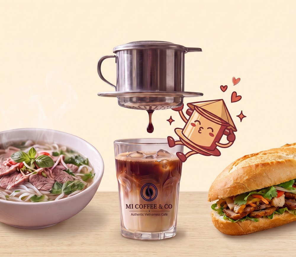Cà phê sữa đá, phở and bánh mì with the M1 phin mascot
