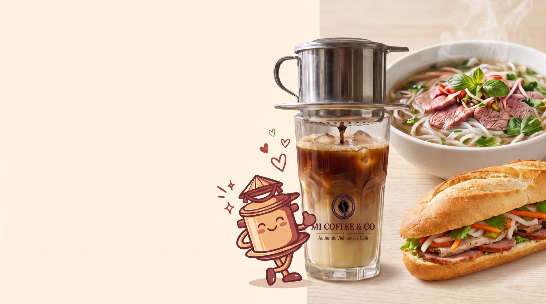 Cà phê sữa đá, phở and bánh mì with the M1 phin mascot